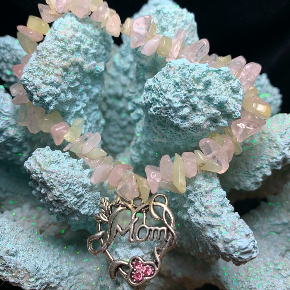Gorgeous Gemstone chip bracelet with MOM charm.
